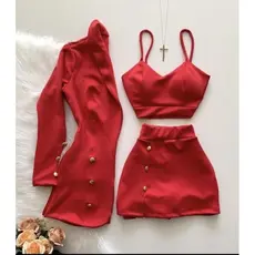 Conjunto feminino  3 peças alfaiataria blazer short saia cropped Final do ano réveillon Festas