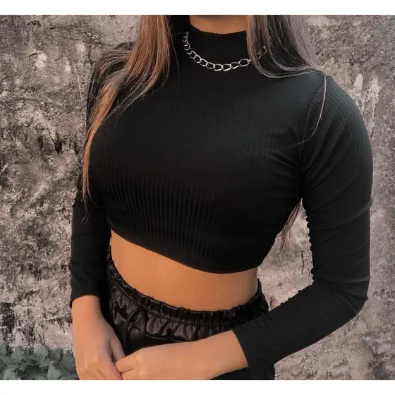Cropped manga longa canelado