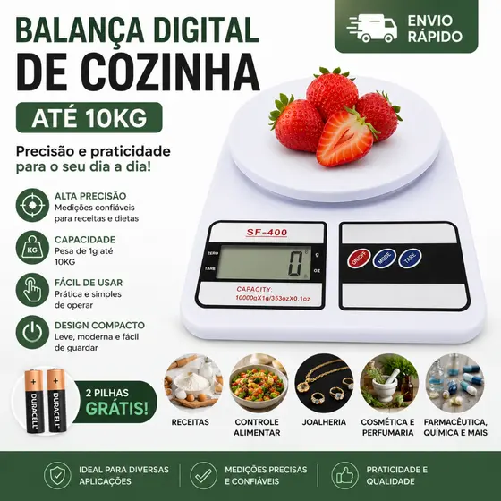 Balança Digital de Cozinha com Precisão de Até 10kg e Escala de 1 Grama para Nutrição e Dieta + PILHA