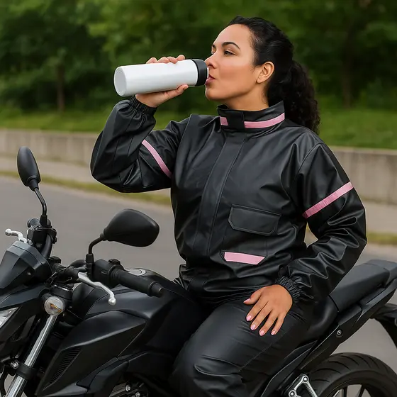 Capa de Chuva Feminina PVC Impermeável Refletivo Conjunto Motoqueiro Moto + Garrafa Térmica Inox