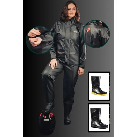 Capa de Chuva Combate Motoqueiro com Bota PVC Médio Impermeável Resistente
