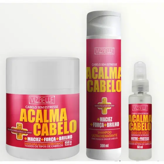 Kit Shampoo+ Máscara + Óleo de Coco Acalma Cabelo Vizbelle