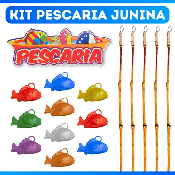 Kit Jogo Pescaria Festa Junina 5 Varas De Pesca + 10 Peixinhos Caipira Arraia - ENVIO IMEDIATO