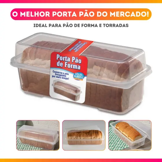 Porta Pao de Forma Retangular De Plastico Com Tampa - Usual