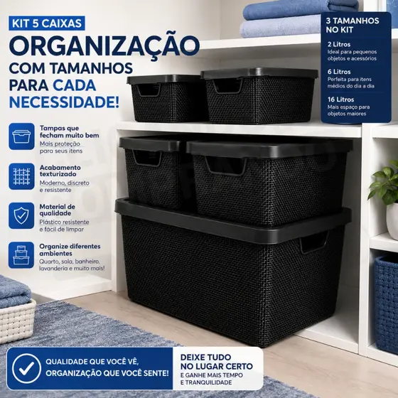 Kit 5 Caixas Organizadoras com Tampa Cesto Grande de Plástico 2 Litros 6 Litros 16 Litros