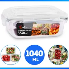 Pote de Vidro 1040 ML Comida Marmita c/ Lacre Vedação Grande Quadrado Para Freezer e Micro-ondas