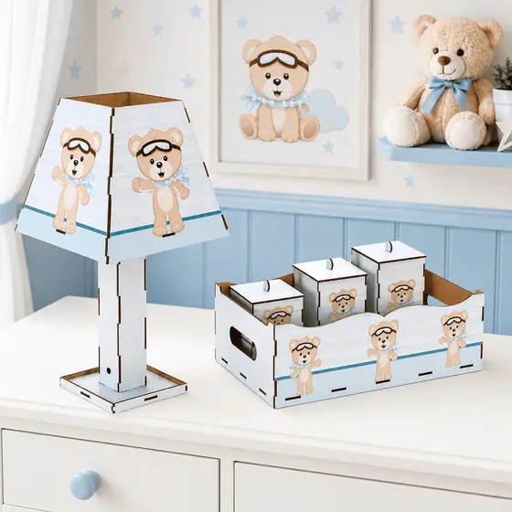 Kit Higiene Bebê Azul 5 Peças Mdf Mult uso adesivado novidade Pronta Entrega promoção