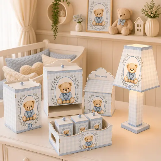 Kit Higiene Bebê Ursinho Azul 8 Peças em MDF com Abajur Completo