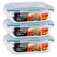 Kit 3 Potes 1520ml De Vidro Com Tampa Hermética e Travas Vai ao Forno/Freezer
