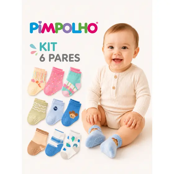 kit Meia Infantil Bebê 6 Pares Pimpolho Algodão