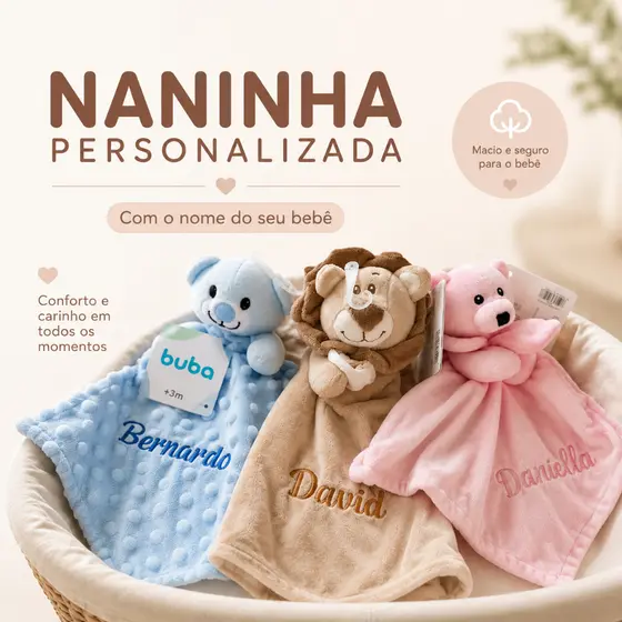 Naninha Com Nome Personalizada BUBA Hipoalergênica + CHAVEIRO BRINDE  Para Bebê