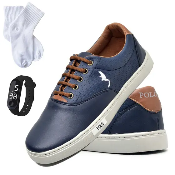 Tênis Menino Masculino Infantil Casual Azul com Relógio Digital e a Meia