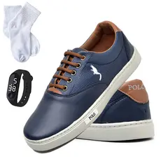 Tênis Menino Masculino Infantil Casual Azul com Relógio Digital e a Meia
