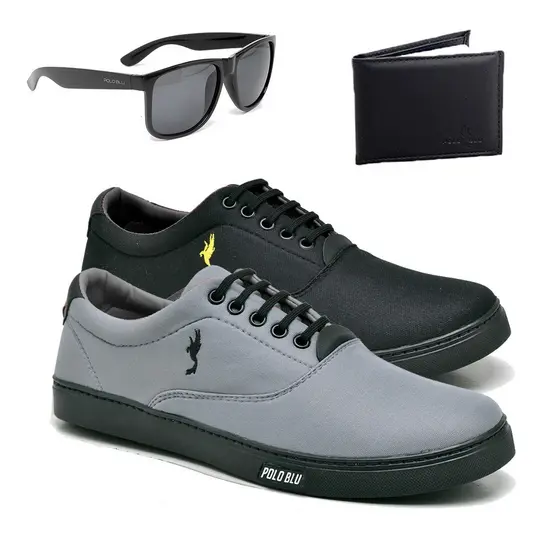 Kit 2 Pares Tênis Sapatênis Masculino Polo Blu Cano Curto em Lona com Óculos e Carteira do 37 ao 46