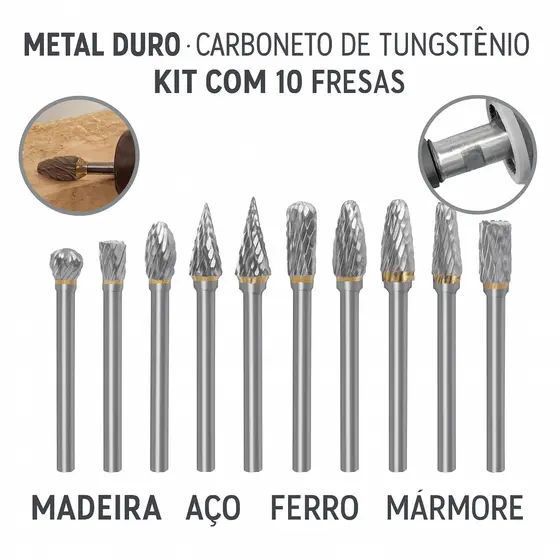 10 Fresa Lima Rotativa Metal Duro Escarear Madeira Aço Ferro Cilíndrica