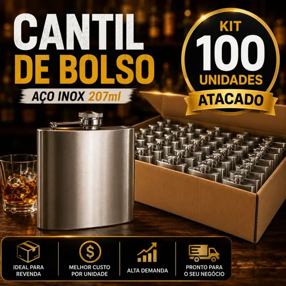 100 Cantil de Bolso 236ml Porta Bebida Aço Inox Whiskeira
