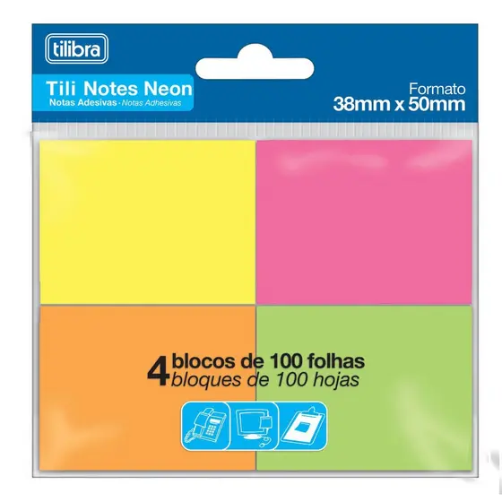 Bloco Adesivo 4 Cores 38x50mm TILIBRA - 400 Folhas Tili Notes