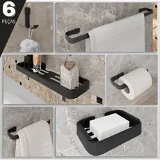 Kit Suportes Organizadores Para Shampoo Sabonete Papel e Toalha Banheiro Moderno Preto Fosco