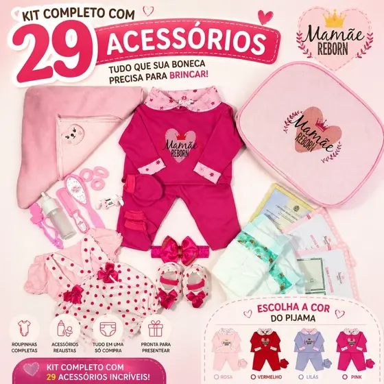 Enxoval Boneca Bebê Reborn Realista - 29 Acessórios - Veste de 45 a 50cm!