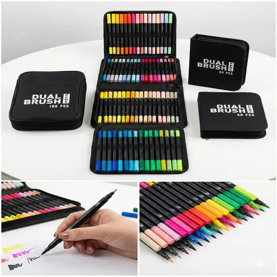 Kit 60/80/100/168 Cores Caneta 2 em1 Brush Lettering e Ponta Fina Dual Pen Canetinha Colorir Desenho