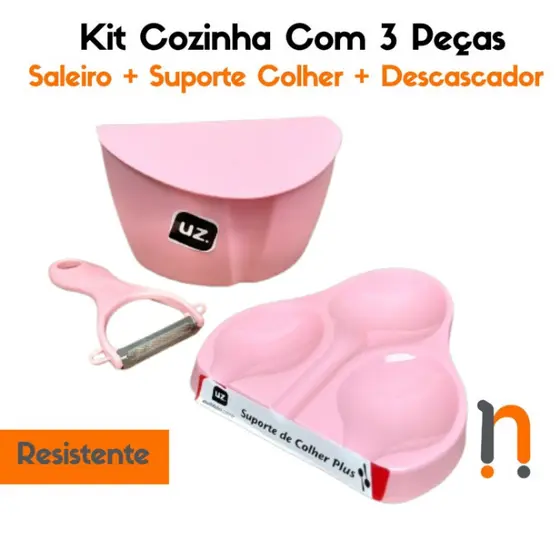 Kit Cozinha 3 peças Saleiro Suporte Para Colher Descascador Rosa