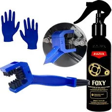 Foxy Razux Limpador de Corrente Motor Transmissão Desengraxante 240ml Escova Limpa Corrente Moto Bicicleta Karbox e Luva