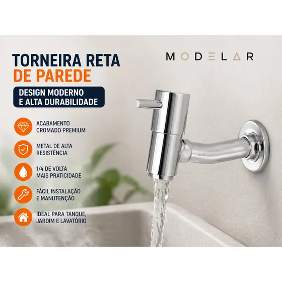 Torneira Tanque Parede Metal Cromada Jardim Lavatório Reta Linha Link Mecanismo 1/4 Volta Modelar