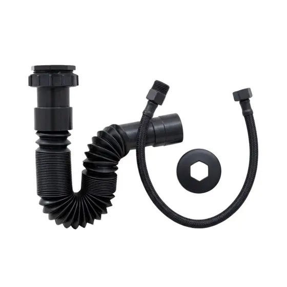 Kit Sifão Sanfonado Universal Preto E Engate Flexível Black 40cm Para Pia Cuba Lavatório Banheiro
