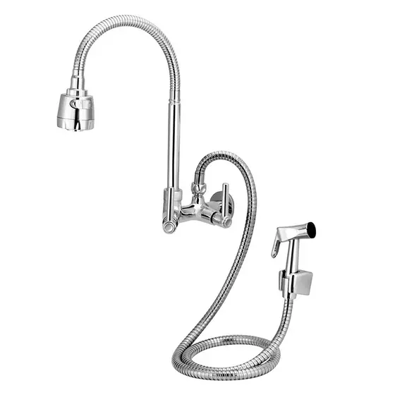 Torneira Cozinha Parede Gourmet Multifuncional Com Ducha 1/4 Volta Metal Cromado Varanda