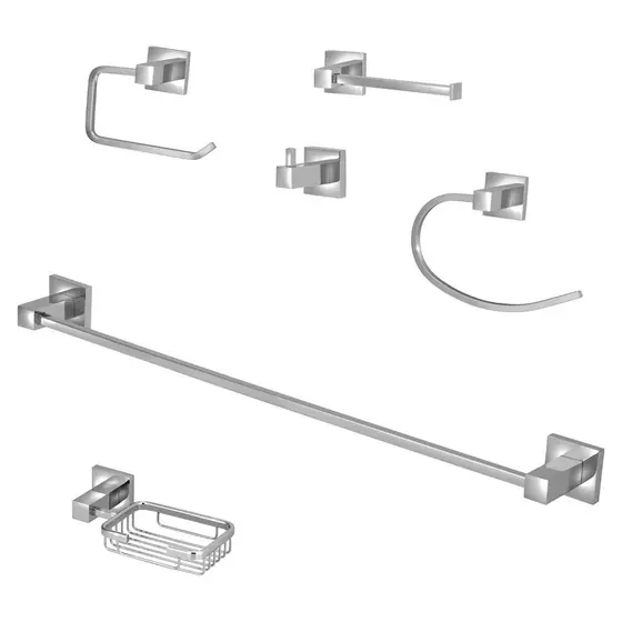 Kit Acessórios Quadrado Banheiro 100% Metal Cromado 6 Peças