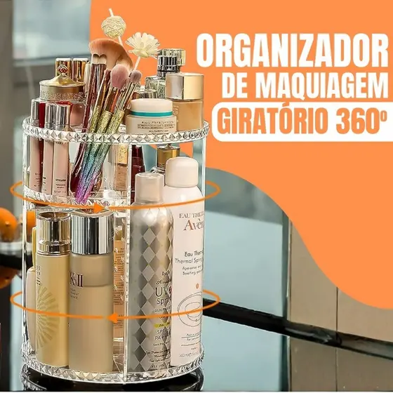 Organizador de Maquiagem Giratório 360° em Acrílico Transparente com Prateleiras Ajustáveis