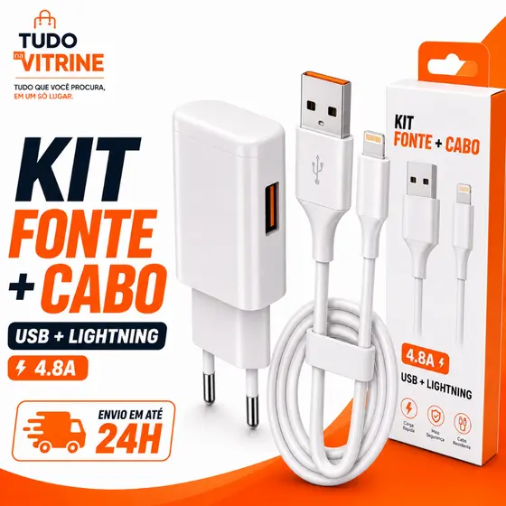 Kit Fonte Carregador USB 3.1A + Cabo Lightning iPhone 1 Metro Carregamento Rápido