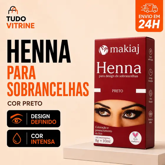 Henna para Sobrancelhas Makiaj Preto 8g + Fixador 10ml Design Preenchimento Alta Fixação
