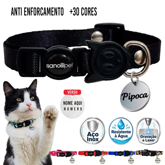 Coleira Para Gato Com Plaquinha Em Aço Inox Silenciosa Nome Fecho Segurança Luxo