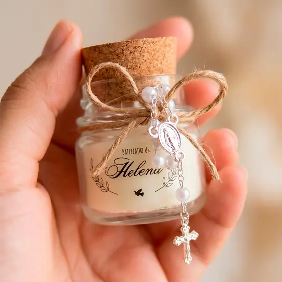 kit 15 Mini Vela Aromática Personalizada Lembrancinha Batizado Chá de Bebê Casamento com mini terço
