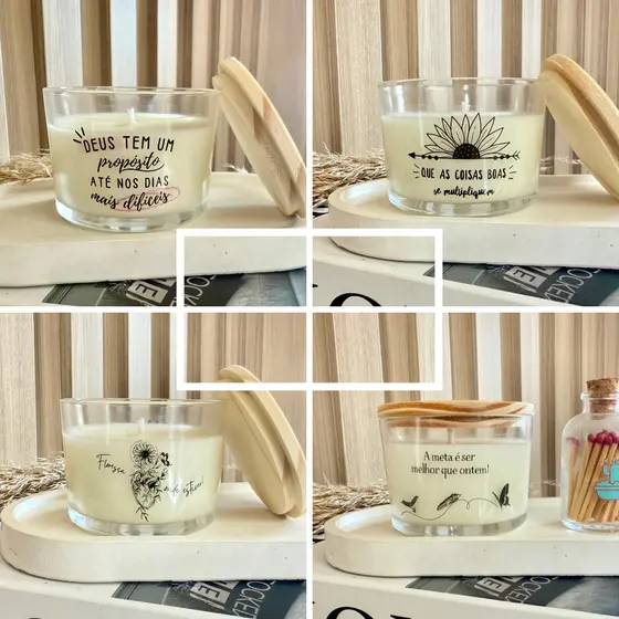 Vela aromática artesanal mensagem Inspiração no Vidro-vela Decorativa Perfumada-Com tampa de madeira