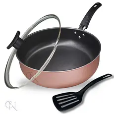 Frigideira Alta Funda 18 cm Antiaderente Teflon Tampa de Vidro e Espátula Nylon Cor Rose e Preto