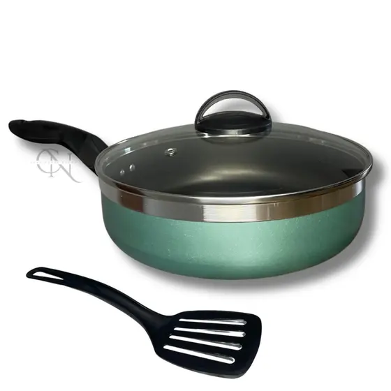 Frigideira 22 cm Antiaderente Teflon com Tampa de Vidro e Espatula Cor Turquesa