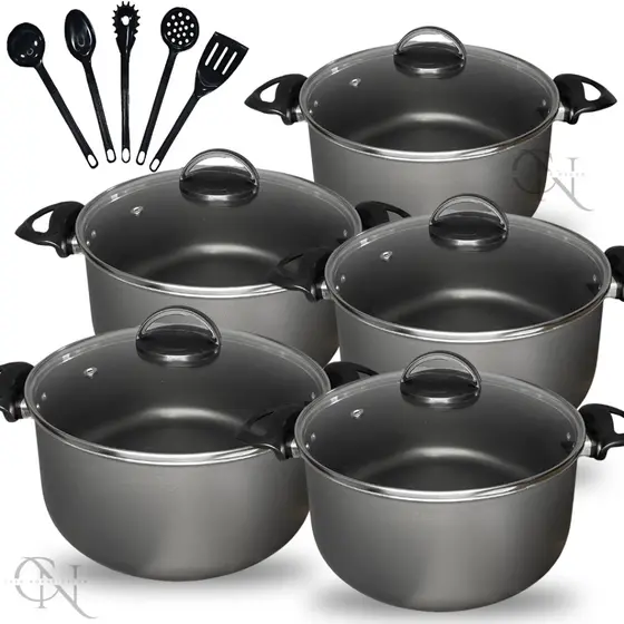 Kit Jogo de Panelas 10 peças Caçarolas Antiaderente Teflon com Tampa Vidro e Utensílios