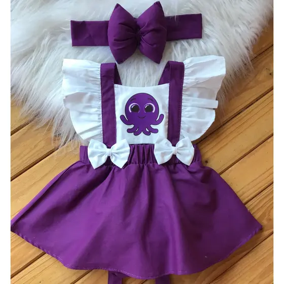 Romper Bolofofos Roxo Polvo Roxo e Branco Jardineira Bebe Menina Infantil,roupa, bolofofo menina