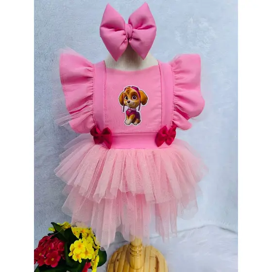 salopete patrulha canina skay rosa romper tematico aniverssario