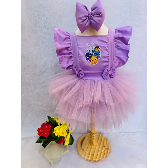 romper tematico bolofofo salopete turma bolofofo vestido lilas roxa rosa laço