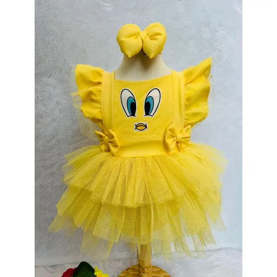 romper tematico piu piu salopete amarelinho looney tune laço