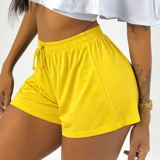 Short Soltinho Feminino Brasil em Viscolycra Premium Cintura Alta Confortável Fresco Versátil Verde e Amarelo