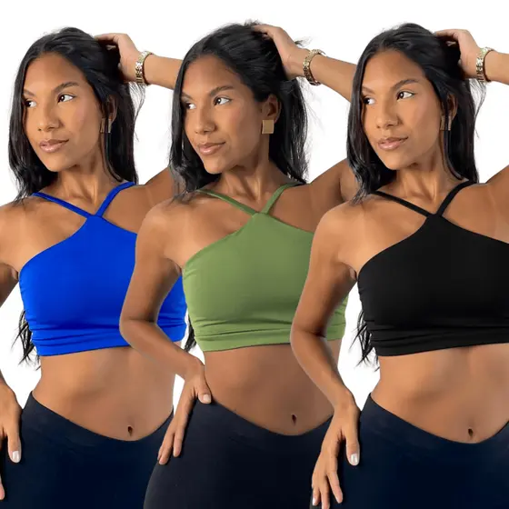KIT 3: Top Feminino Cropped Frente Única Cruzado Feminino Fitness Academia Suplex Premium