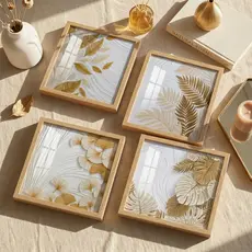 Kit 4 Quadros Decorativos Folhas Douradas 18x18 Sala Quarto Luxo Elegante Dourado Moderno Smart Deco