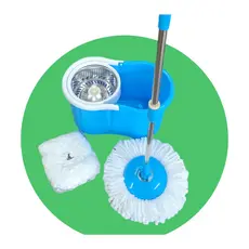 Balde Giratório Cesto Inox com 2 Refil Microfibra Spin Mop 360 Completo Cabo com Base e Esfregão Branco