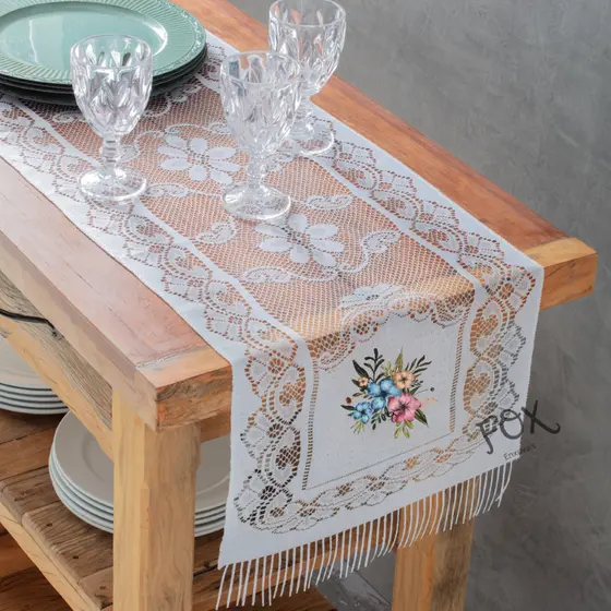 Caminho de mesa de renda Estampada florida branca de alta qualidade 100% poliester
