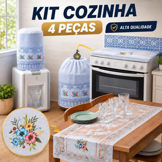 Jogo de Cozinha Renda Estampada 4 peças Decoração Cozinha frete grátis