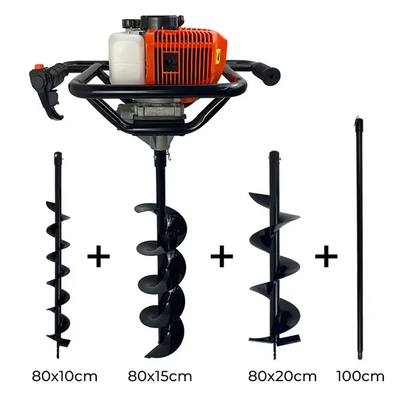 Perfurador de Solo a Gasolina 52cc 2,5HP Profissional com Brocas e Extensor Carbon Fak